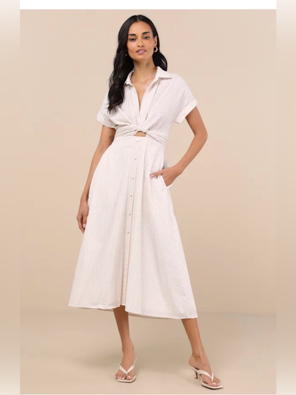 Lulu's Cream Striped Button-Front Midi Dress with Knot Waist